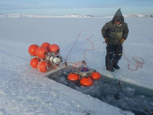 Joey Angnatok preparing ADCP and IPS mooring cages for deployment through the ice. 
 (Photo credit: James Barlett)