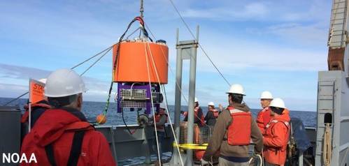 A joint deployment of an environmental sensor processor off the Washington coast by NOAA and the Northwest Association of Networked Ocean Observing Systems, one of the certified IOOS regional associations. (Photo: Stephanie Moore/NOAA)