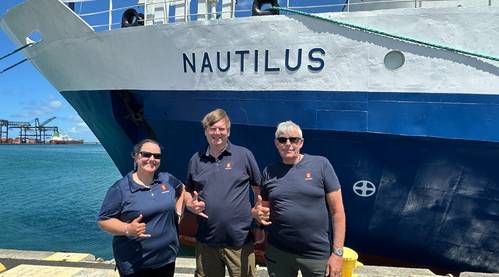 The KONGSBERG team dockside in Honolulu ahead of the NA178 expedition - Colleen Peters, Jørn Horvik, and Knut Terje will spend 14 days at sea testing the EM 304 MKII aboard E/V Nautilus (Credit: Kongsberg Maritime)