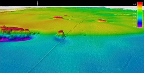 Kongsberg EM710 MKII multibeam echosounder data illustrating a pipeline in ~50m depth. (Image: TDI-Brooks)