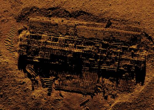 Kraken Synthetic Aperture Sonar image of a sunken barge in Halifax Harbour. © Kraken Robotics
