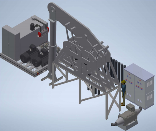 The test rig uses a large hydraulic cylinder to simulate the motion from incoming waves. This allows thorough testing of the
Power Take Off (PTO) system on dry land. The PTO is the part of FPPs technology that transform wave motions into electricity.