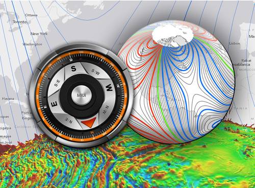 The WMM is a large-scale representation of Earth’s magnetic field. The blue and red lines indicate the positive and negative difference between where a compass points the compass direction and geographic North. Green lines indicate zero degrees of declination. (Credit: NOAA)
