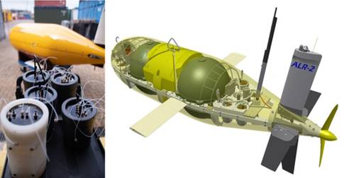 Left: Lab-On-Chip chemical sensors (foreground) with autonomous underwater vehicle (submarine) Autosub Long Range behind. Right: CAD model showing Autosub Long Range with seven Lab-On-Chip nutrient sensors in the nose and four Lab-On-Chip and one electrochemical sensor for the ocean carbonate (CO2) system at the stern. (Images: NOC)
