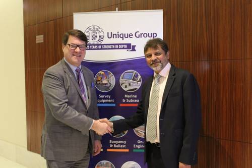 Left to right: Konrad Mech, Director of Subsea Channel Management at Kongsberg Maritime AS, and Harry Gandhi, CEO of Unique Group (Photo: Unique Group)