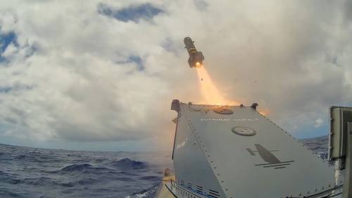 A Lockheed Martin Joint Air-to-Ground Missile is fired from a Saildrone Surveyor USV during the US Navy’s Rim of the Pacific (RIMPAC) exercise.
Image courtesy Saildrone