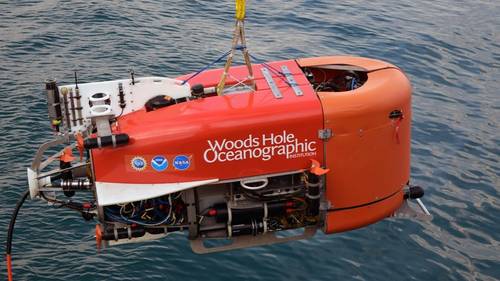 NUI is lowered into the Aegean Sea before plunging to a depth of 500 meters to explore Kolumbo volcano. (Photo by Evan Lubofsky, © Woods Hole Oceanographic Institution)