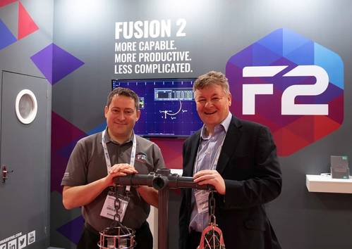 (L–R) Alan MacDonald, Sonardyne, and Colin Erskine, Unique, on Sonardyne’s Stand 123 at Subsea Expo 2019 in Aberdeen (Photo: Sonardyne)