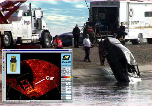 Main: Car being pulled from California drainage canal. Inset: Scanning sonar image of a car on the bottom.