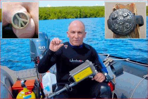 Main photo: Mike Drainville with recovered ring; Left Inset – Close up of Peace ring recovered by Drainville; Right Inset – Bronze-Age ring recovered by Nelson Jecas.
