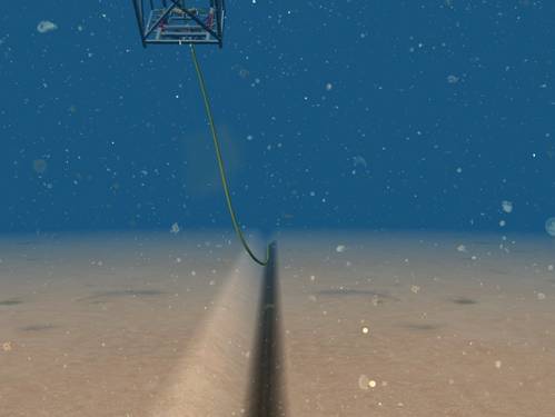 Managing vessel heading and cable pay-out from stinger in strong currents for accurate touchdown in trench.