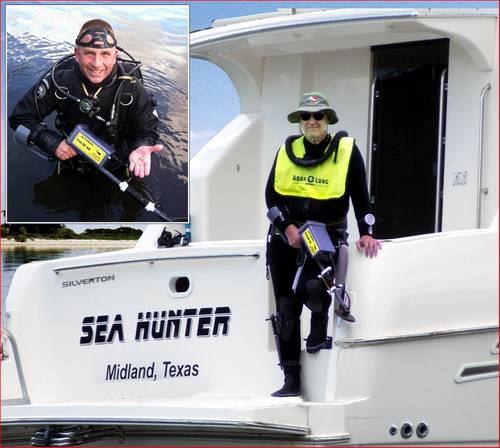 Bart McCollum with his JW Fishers Pulse 8X detector on the Sea Hunter, Inset photo – Bill Nichols with his Pulse 8X and recovered wedding ring.