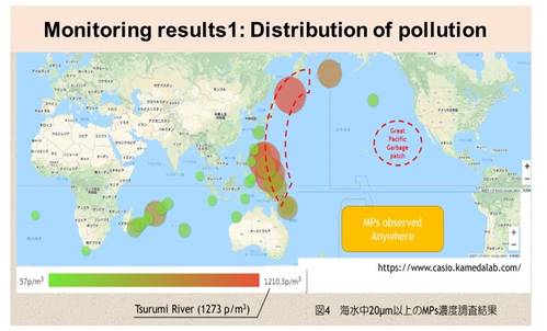 By measuring the concentration of microplastics in the samples, a pollution-concentration distribution has been created. Image Courtesy of Chiba Institute of Technology/NYK
