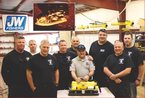 Members of Boston Police Department’s Special Operations Unit with their JW Fishers SeaLion-2 ROV, Inset – Side scan image of boat found by Tafton Fire Company.