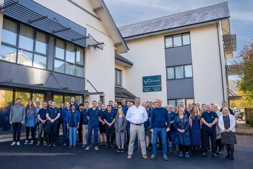 Members of the Valeport team outside the new Radcliffe House. Managing Director Matt Quartley and Financial Director Phill Harvey in the foreground. Image courtesy Valeport