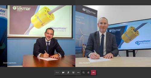 The memorandum of understanding was signed by Gary Howland, Group Sales Director at Tekmar Group and David Capotosto, Co-President & Director of Business Development at DeepWater Buoyancy - Credit: Tekmar