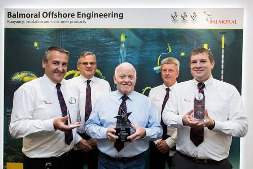 Jim Milne, center, with Balmoral Comtec directors Gary Yeoman, Bill Main, Allan Robertson and Fraser Milne (Photo: Balmoral)