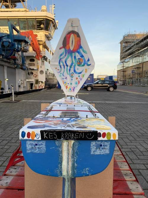 A mini boat built by students from King Edward VI School in Southampton has made its maiden voyage from the city on the world-class research ship, RRS Discovery as part of a project coordinated by the National Oceanography Center (NOC). Photo courtesy NOC