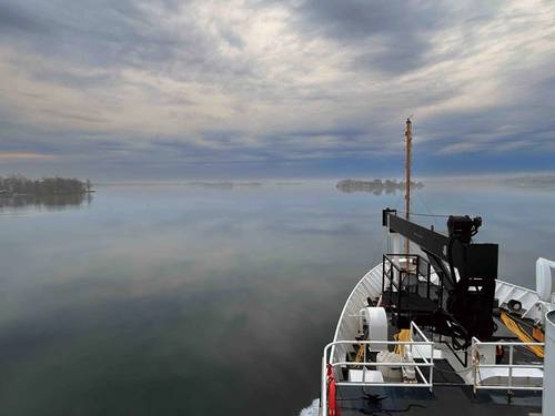 Misty morning in Thousand Islands, seen from the upper deck of the Thomas Jefferson. (Megan Guberski/NOAA)
