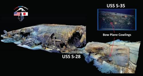 4D Modeling of USS S-28 and insert of S-35 showing differences in bow plane cowlings (Credit: Lost 52 Project)