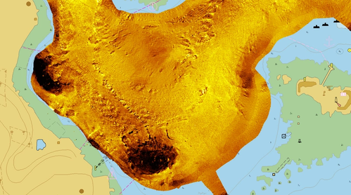 Mosaic of Reson 7125 data over Plymouth Harbour, U.K., processed in SIPS Backscatter (Image: CARIS)