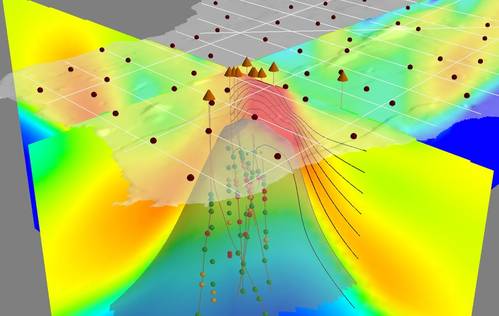 Multi-Physics Imaging routinely provides geologically consistent Earth models, such as this Magnetotelluric conductivity inversion integrated with drilling data to define a hydrocarbon prospect. (Image: CGG)