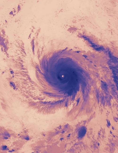NASA-NOAA’s Suomi NPP satellite VIIRS instrument captured this thermal image on Sept. 20, 2017, at 2:12 a.m. EDT (0612 UTC). At the time, Maria’s eye was just east of the American Virgin Islands, and its northwestern quadrant stretched over Puerto Rico. (Credit: NASA Goddard Rapid Response Team)