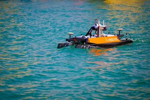 U.S. Naval Oceanographic Office conducts a hydrographic survey by launching an unmanned surface vessel, supported by a Bahrain Coast Guard escort, in the U.S. Central Command area of responsibility. Credit: Official U.S. Navy photo