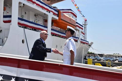 Ed Gent, Naval Oceanographic Office engineer, greets Rear Adm. Timothy Gallaudet, commander of the Naval Meteorology and Oceanography Command and Oceanographer and Navigator of the Navy, as Gallaudet boards USNS Maury (Photo: U.S. Navy)