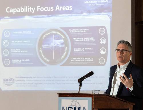 Naval Undersea Warfare Center (NUWC) Division Newport Deputy Technical Director Stephen O’Grady speaks at the Ocean State Workshop, an event hosted by NUWC Division Newport and the Rhode Island chapter of the National Contract Management Association at Naval Station Newport’s Officers’ Club on Jan. 27, 2026. The presentation focused on wartime readiness and the important relationship between industry and Division Newport. More than 250 people and 80 companies attended to hear presentations, netw