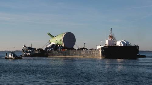 HII’s Newport News Shipbuilding division has delivered the first Columbia-class ballistic missile submarine stern to General Dynamics Electric Boat (Photo by Ashley Cowan/HII).