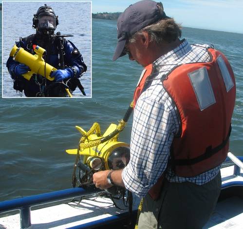 NOAA scientist recovers Fishers TOV towed video system after completing survey, Inset: Sterling Fire Department diver exits reservoir with their Fisher DV-1 drop video. (Photo: JW Fishers)