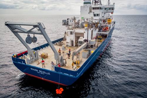 On November 4, 2020, the R/V Roger Revelle is pictured out at sea for a ten-day commissioning and calibration cruise following its midlife refit. Engineers and techs were tasked with testing, calibrating, and commissioning the updated instrumentation and systems. Bruce Appelgate, Associate Director of Scripps Institution of Oceanography, was the PI and chief scientist aboard.
Copyright Andrew Jorgensen / 2025 Scripps Institution of Oceanography / UC San Diego