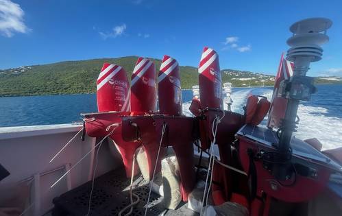 Four Oshen C-Stars departing St. Thomas on the back of a deployment vessel for future observations of Atlantic hurricanes. Credit: Oshen