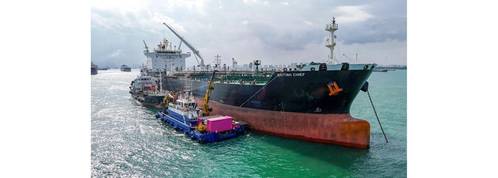 Pink Panther cleaning the hull of British Chief tanker in Singapore (Credit: ECOsubsea)