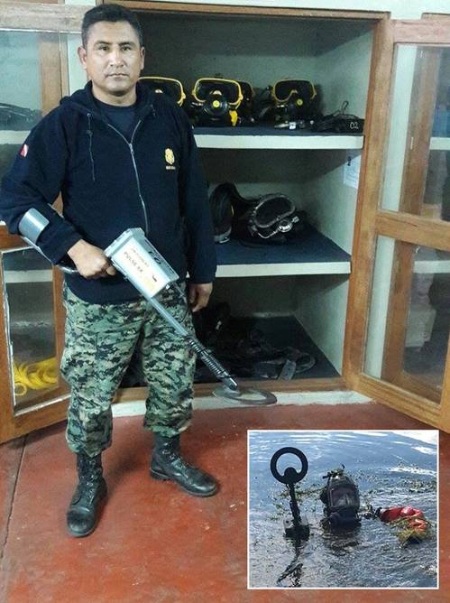 Peruvian Navy diver Fonseca with JW Fishers Pulse 8X metal detector, Inset: Pinellas County Sheriffs diver searches for weapons with Pulse 8X  (Photo: JW Fishers)