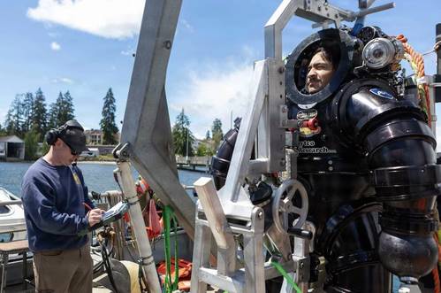 Navy Petty Officer 1st Class Andrew Turner conducts predive checks as Navy Petty Officer 2nd Class Giovanni Casteñeda prepares to test a Deep Sea Expeditionary with No Decompression suit during an exercise at Naval Undersea Warfare Center Division, Keyport, Wash., June 9, 2026. Credit: Scott Pittman, Navy