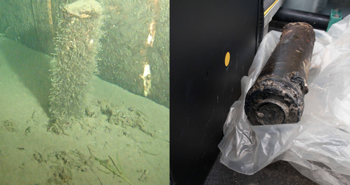 Photos of the object near the Nord Stream 2 pipeline – on the seabed and after the retrieval. Credit: Danish Ministry of Defence