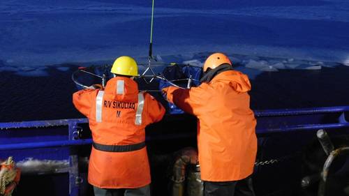 Pictured is Gillian Braver and Pete Shipton collecting a zooplankton net tow sample. Photo credit: Seth Danielson, chief scientist