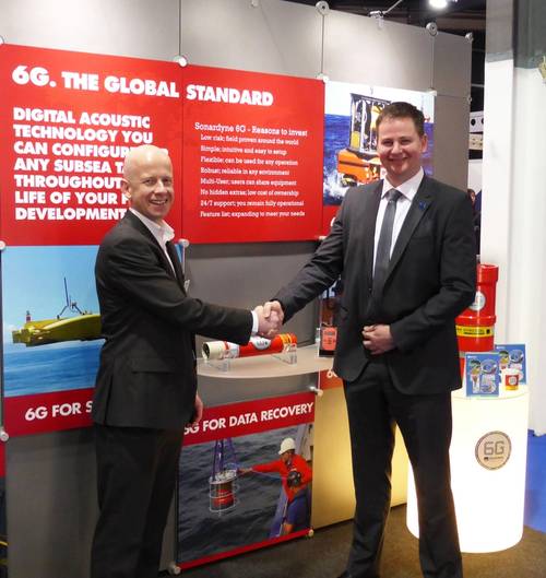 Pictured on the opening day at Subsea Expo 2015 in Aberdeen: Richard Main, Global Asset Manager, Forum Subsea Rentals (Left), Barry Cairns, VP Sonardyne Europe and Africa (Right). (Photo courtesy of Sonardyne International Ltd.)