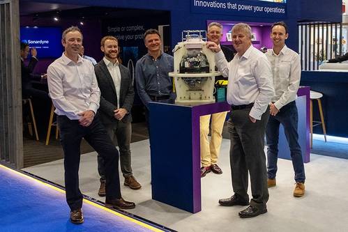 Pictured (L-R) Tom Rooney, Technical Sales Manager – Defence, from Sonardyne, Steve Rice, Marine-i Project Manager, School of Engineering, Computing and Mathematics (Faculty of Science and Engineering), Dr Alex Nimmo Smith, Associate Professor in Marine Physics, School of Biological and Marine Sciences (Faculty of Science and Engineering), and Kevin Forshaw, Director of Industrial and Strategic Partnerships, Faculty of Science and Engineering, from the University of Plymouth, Geraint West, Head