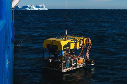 Remotely Operated Vehicle (ROV) SuBastian is deployed for a dive near the Bellingshausen Sea off Antarctica. Credit: Schmidt Ocean Institute