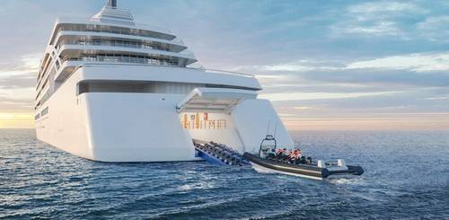 RENDERING OF NEW VIKING SHIP: This rendering shows what the new Viking expedition ships will look like, including the hangar for launching small vessels. Credit: Viking