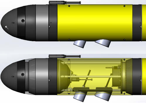 Renderings of forward pressure vessel and flooded wet bay that houses the EK80 electronics and transducers. (Image: Teledyne Marine)