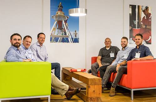Representatives from Magseis visited Sonardyne HQ to discuss the requirements of their next generation seismic node positioning equipment. Left to right: Chis Baxter, Magseis; Trevor Barnes, Sonardyne; Liam Flood, Magseis; Ciaran Moore, Magseis; Stuart French, Magseis); and Jonathan Snook, Magseis (Photo: Sonardyne)