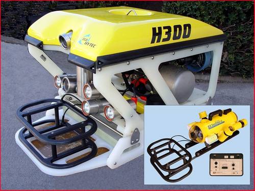 ECA Robotics ROV with JW Fishers RMD-1 remote metal detector on front, Inset photo – JW Fishers SeaOtter-2 ROV with RMD-1