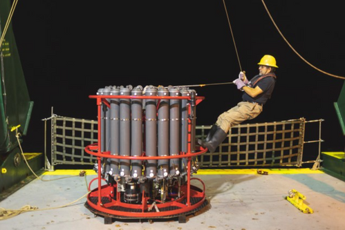 Rosette water sampler prepped for deployment during Gradients Cruise onboard the R/V Kilo Moana. Credit: Ryan Tabata.