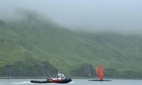 The Saildrone Surveyor in Alaska’s Dutch Harbor at the beginning of the Aleutians Uncrewed Ocean Exploration expedition. (Photo: Saildrone)