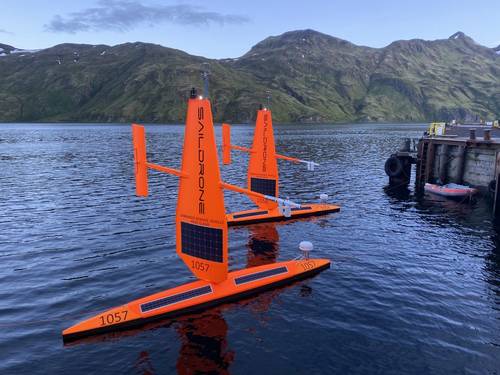 Two saildrones awaiting deployment from Dutch Harbor, AK. Credit: Courtesy of Saildrone