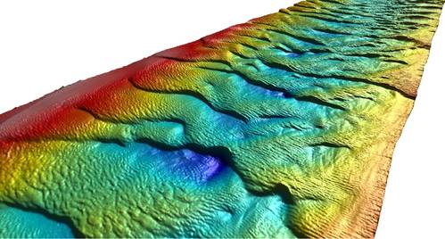 Sand ripples on the bar entrance to Setubal harbor imaged with the GeoSwath Plus multibeam and the new GS4 survey software. (Photo: Kongsberg)